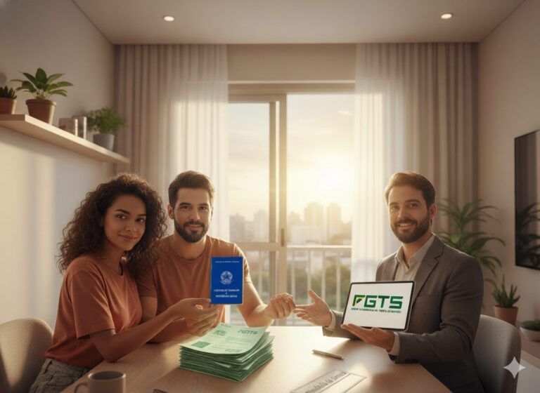 Casal Jovem De Classe Média Utilizando O Saldo Do Fgts Para Comprar O Primeiro Apartamento Pelo Programa Minha Casa Minha Vida 2026. A Cena Mostra O Momento De Aprovação Do Financiamento, Simbolizando O Uso Inteligente Do Fundo De Garantia Com O Apoio Da Iapartamentos Conquista.