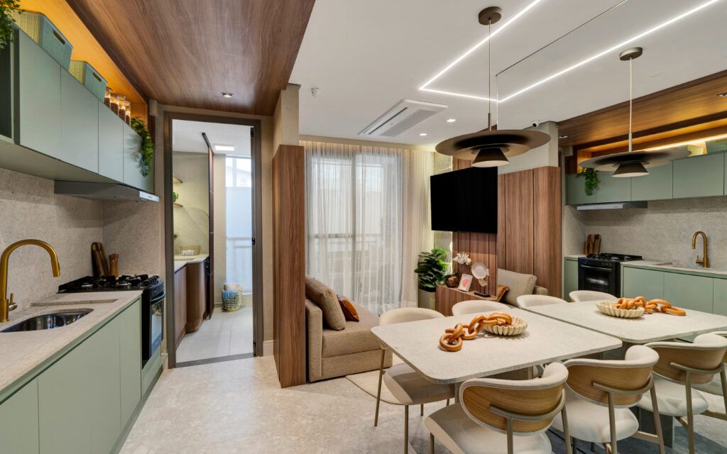 Sala De Estar E Jantar Do Apartamento Decorado Do Like Campo Limpo, Empreendimento Minha Casa Minha Vida Da Cury Construtora Na Zona Sul De São Paulo, Com Design Moderno, Mesa De Jantar E Integração Com A Cozinha.
