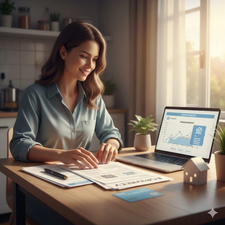 Documentos Necessários Para Financiar Pelo Minha Casa Minha Vida 2026: Confira O Checklist Completo 19 Fotografia Hiper-Realista Mostrando Uma Mulher Organizando Documentos Pessoais, Laptop E Comprovantes De Renda Sobre Uma Mesa Iluminada Por Luz Natural, Simbolizando O Preparo Para Financiar O Primeiro Apartamento Pelo Minha Casa Minha Vida 2026 Com A Iapartamentos Conquista.