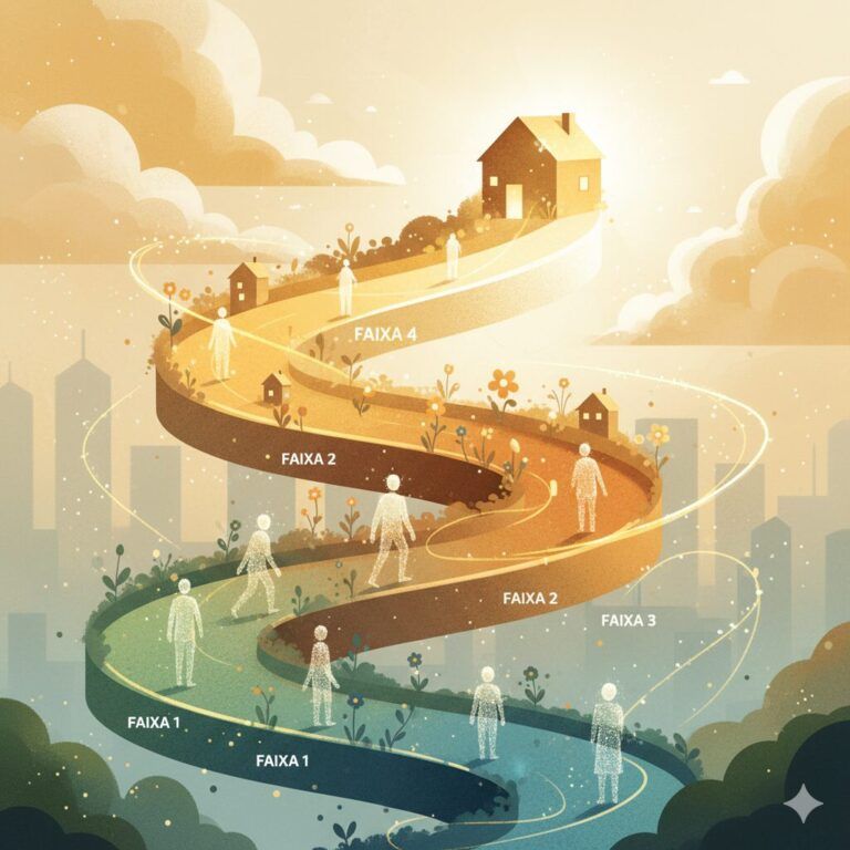 Ilustração Conceitual Mostrando Uma Silhueta Humana Caminhando Por Quatro Faixas De Cores Ascendentes Que Representam As Faixas De Renda Do Minha Casa Minha Vida 2026. Raios De Luz Dourada Se Transformam Em Uma Casa No Horizonte, Simbolizando A Ascensão Financeira E A Conquista Do Primeiro Lar Com O Apoio Da Iapartamentos Conquista.