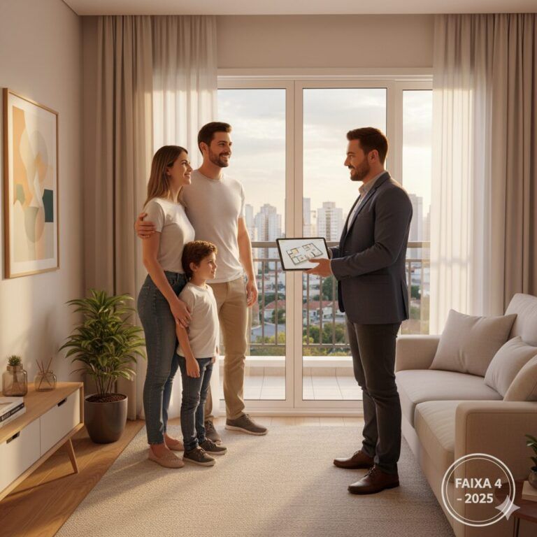 Família Jovem De Classe Média Visitando Um Apartamento Moderno E Iluminado, Representando O Público Da Faixa 4 Do Minha Casa Minha Vida 2025. A Imagem Transmite O Momento Da Conquista Do Primeiro Imóvel Com Financiamento Facilitado, Uso Do Fgts E Juros Reduzidos, Em Parceria Com A Iapartamentos Conquista.