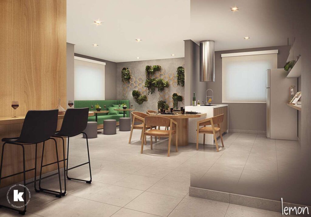 Gran Kazzas Nações Unidas, espaço gourmet com bancada alta e mesa de refeições