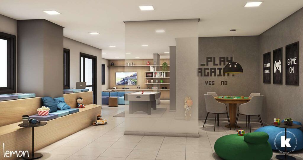 Gran Kazzas Nações Unidas, lounge de convívio com sofás e bancada de apoio