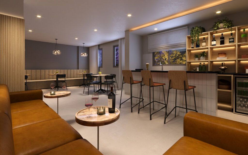 LIKE Campo Limpo, espaço gourmet com bancada, banquetas e adega