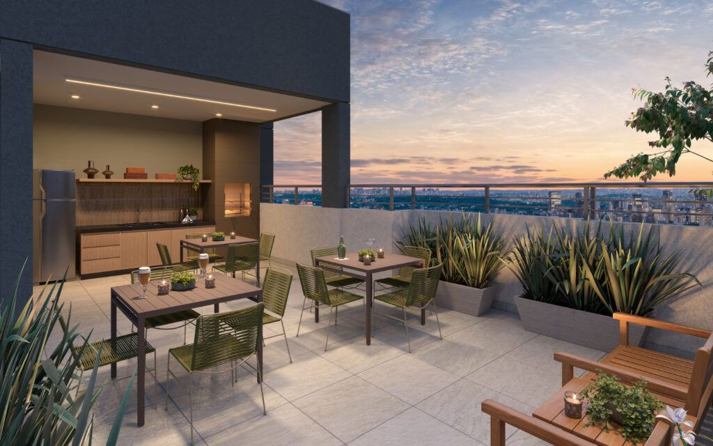LIKE Campo Limpo, espaço gourmet no terraço com mesas e vista ao entardecer
