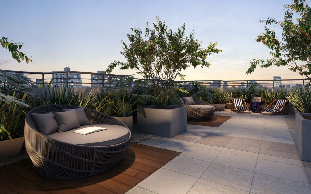 LIKE Campo Limpo, deck do terraço com espreguiçadeiras e paisagismo