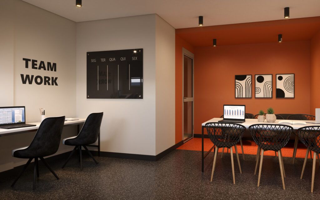LIKE Campo Limpo, coworking com mesa de reunião e estações de trabalho