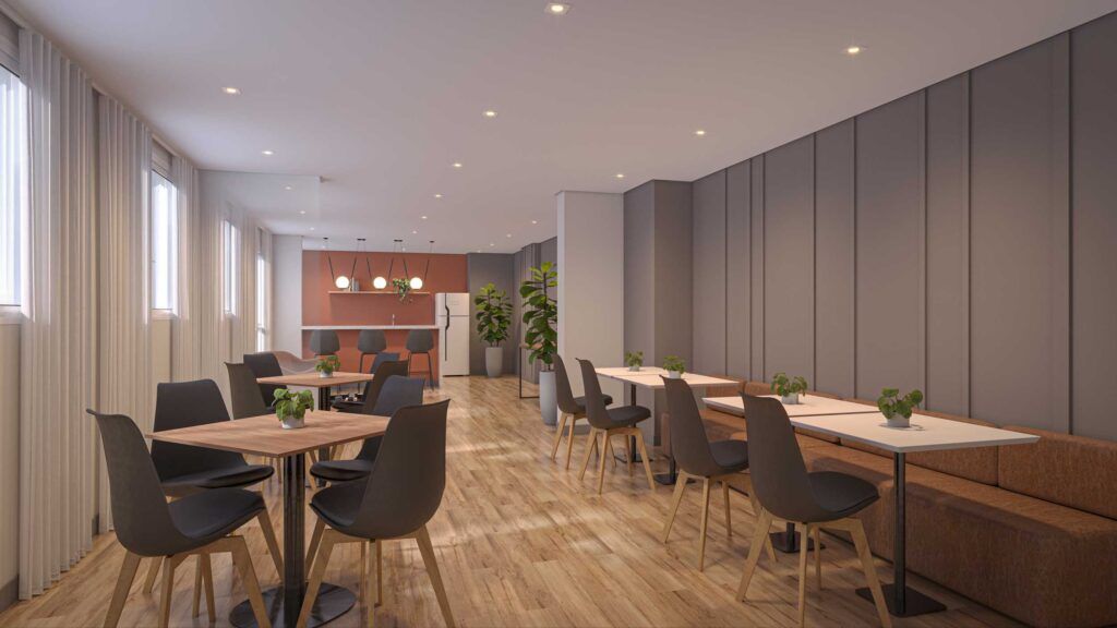 Vibra Estação Campo Limpo, coworking com mesas de trabalho e área de estar