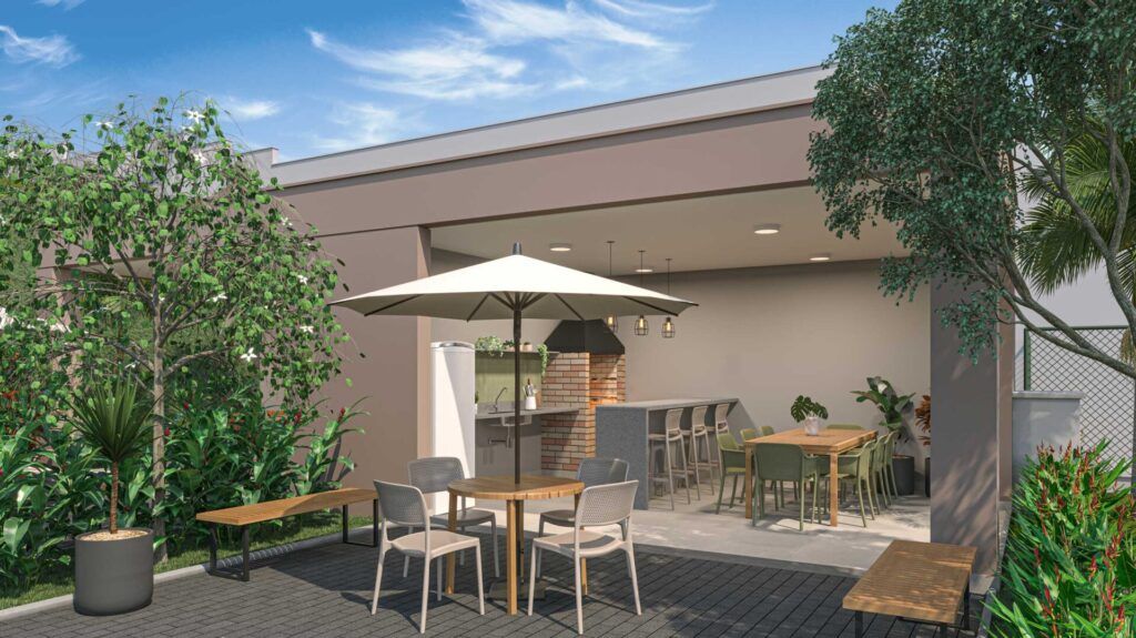 Vibra Estação Campo Limpo, espaço gourmet ao ar livre com mesas e ombrelone
