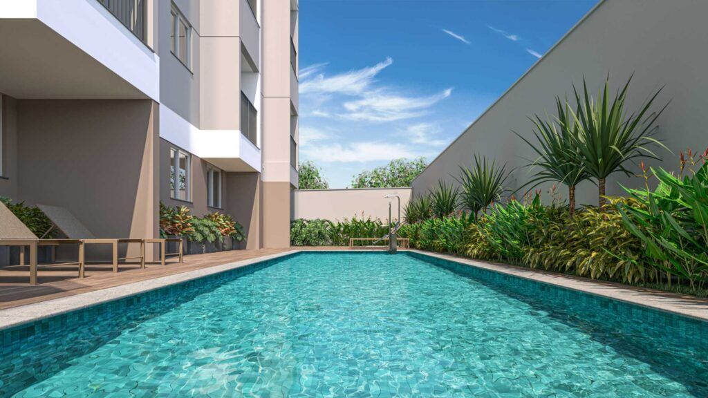 Vibra Estação Campo Limpo, piscina com deck e paisagismo