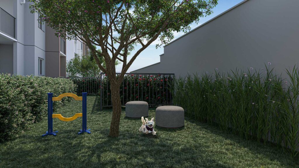 Vibra Estação Campo Limpo, espaço pet com brinquedos e gramado