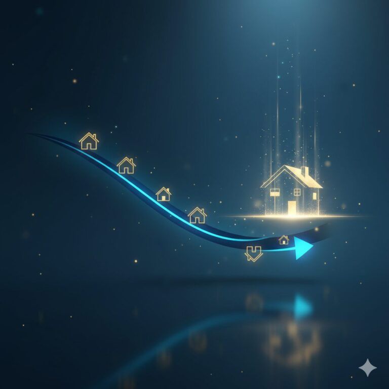 Ilustração Conceitual Em Tons De Azul Marinho Mostrando Um Gráfico De Linha Descendente Que Se Transforma Em Uma Casa Iluminada, Simbolizando A Queda Das Taxas De Juros E O Acesso Facilitado Ao Lar Próprio Pelo Programa Minha Casa Minha Vida 2026, Com A Iapartamentos Conquista.