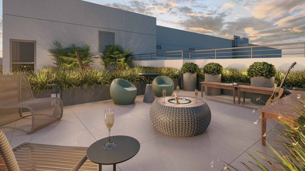 Novo Mundo Carrão, deck do terraço com pufes e jardineiras
