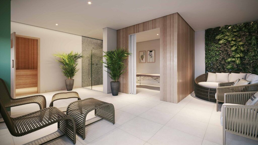 Novo Mundo Carrão, lounge com jardim vertical e poltronas