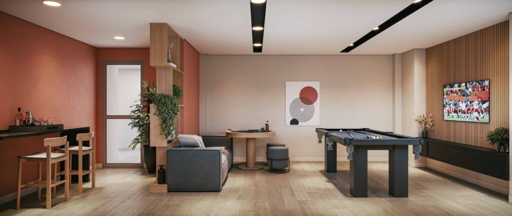 Novo Mundo Carrão, sala de jogos com mesa de pebolim e fliperama