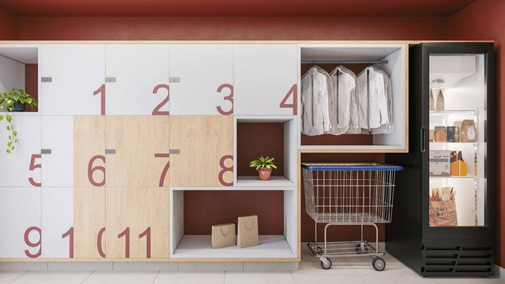 Novo Mundo Carrão, espaço delivery com armários e carrinho de compras