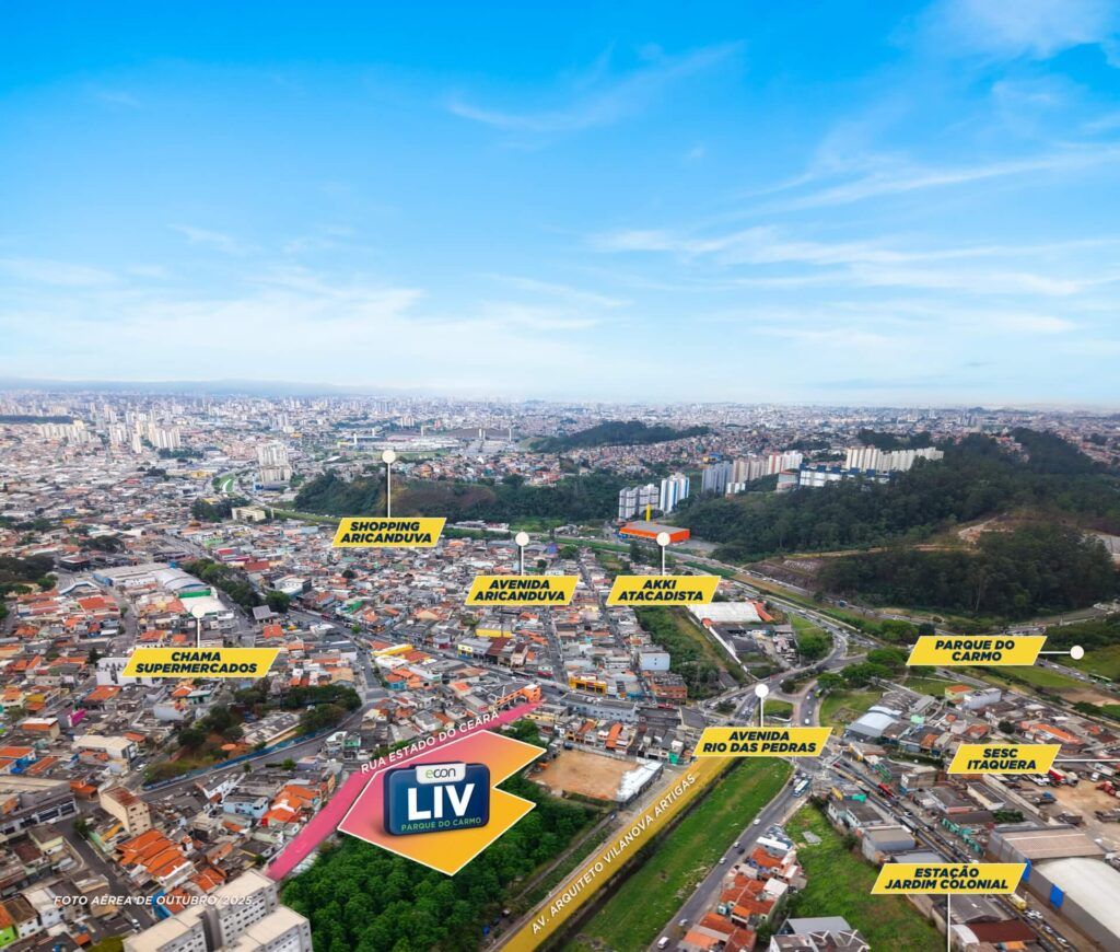 LIV Parque do Carmo, vista aérea do bairro com pontos de interesse