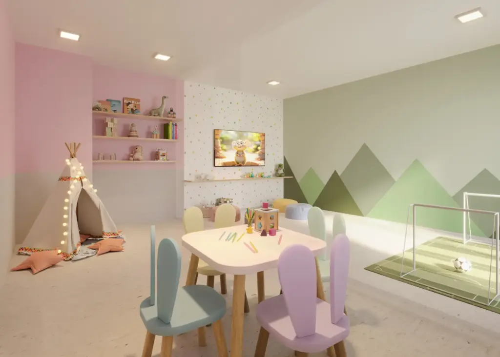 Plano Mais Interlagos Refúgio, brinquedoteca com mesa infantil e cabana