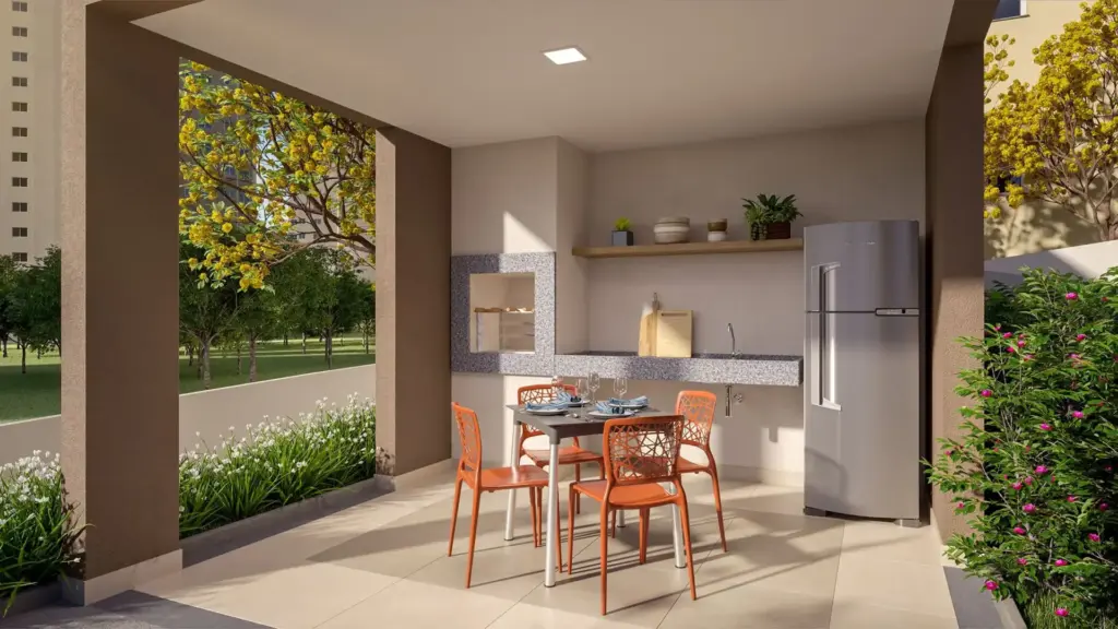 Plano Mais Interlagos Reserva, espaço gourmet com mesa e cozinha de apoio