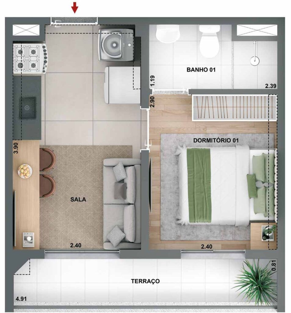 Novo Mundo Carrão, planta de 1 dormitório com terraço