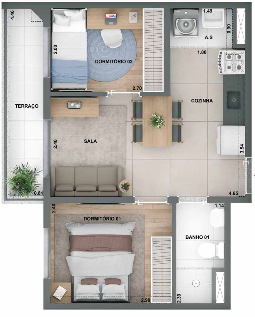 Novo Mundo Carrão, planta de 2 dormitórios com terraço, foto 3