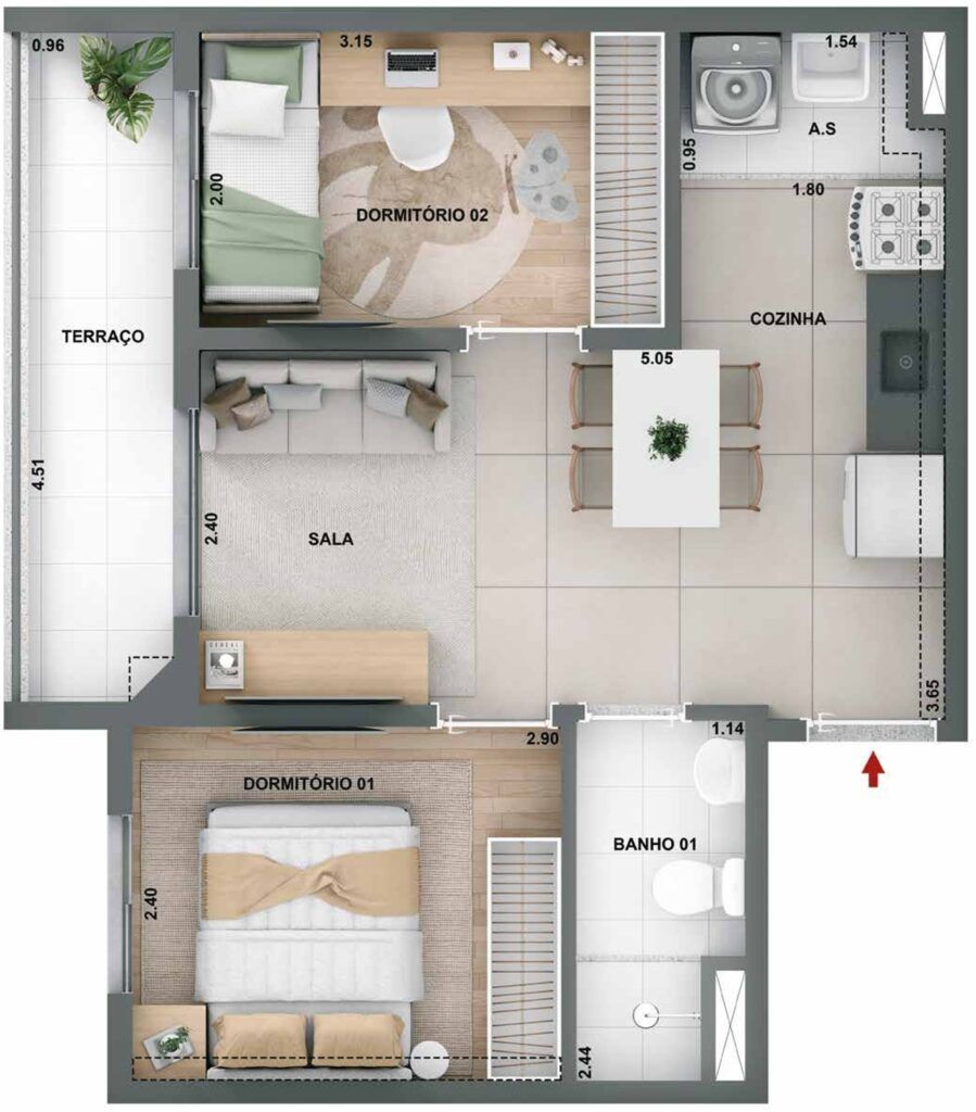 Novo Mundo Carrão, planta de 2 dormitórios com terraço, foto 2