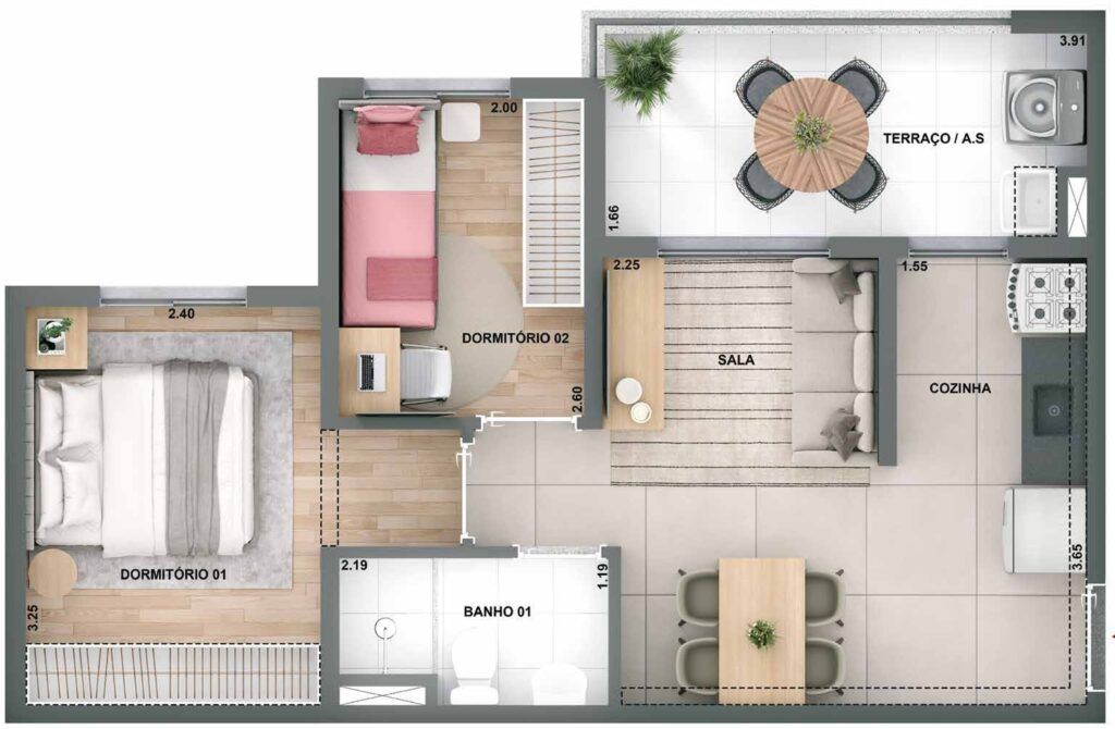 Novo Mundo Carrão, planta de 2 dormitórios com terraço, foto 1