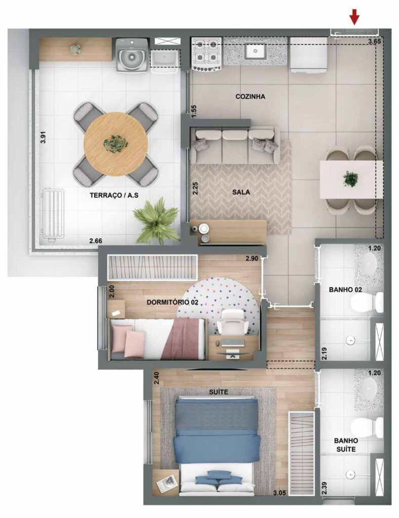Novo Mundo Carrão, planta de 2 dormitórios com suíte e terraço