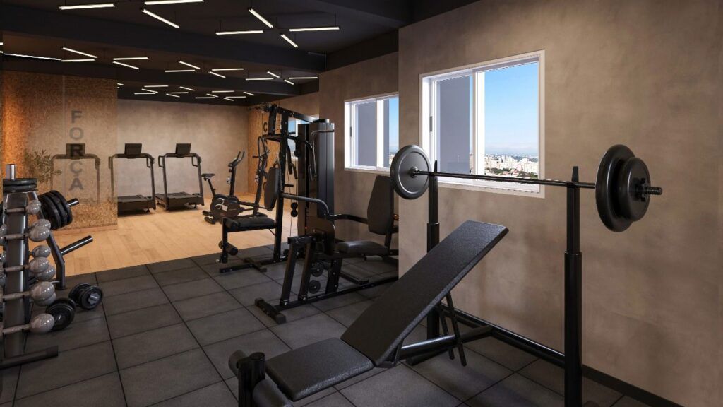 Auge Morumbi, academia com aparelhos de musculação e vista da cidade