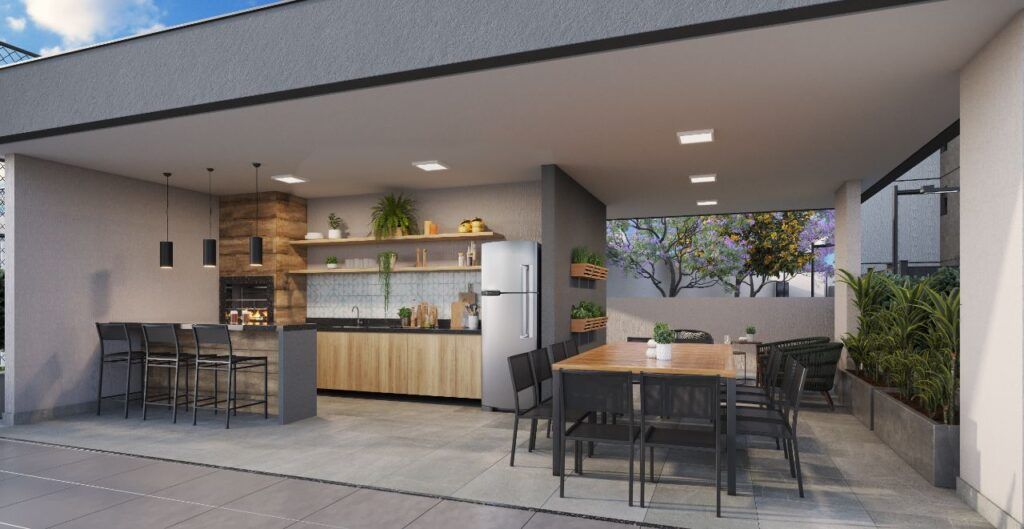 Auge Panamby, espaço gourmet com cozinha integrada e mesas