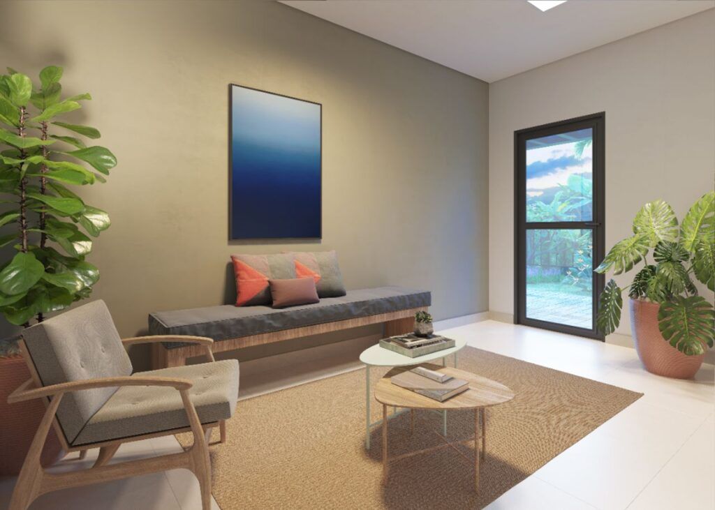 Auge Panamby, lounge com sofá e paisagismo
