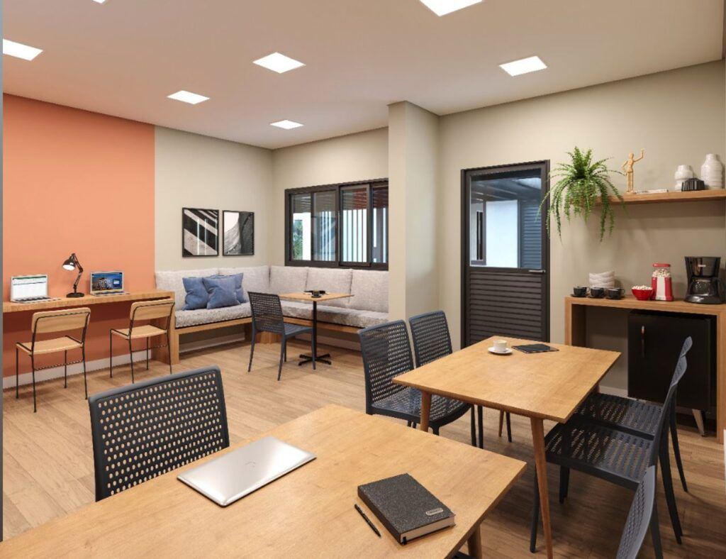 Auge Panamby, coworking com mesas de trabalho e área de estar