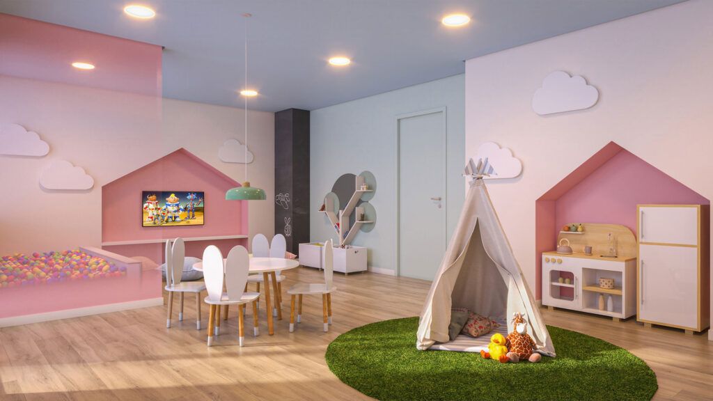 Vibra Conselheiro Carrão, brinquedoteca com cabana e mesas infantis