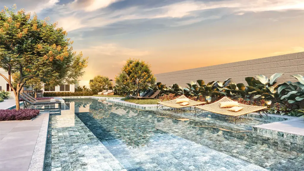Brooklin Sky Home Tower, piscina com deck e paisagismo ao entardecer