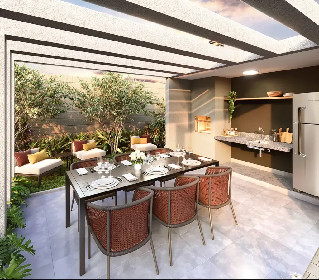 Brooklin Sky Home Tower, espaço gourmet com mesa e churrasqueira
