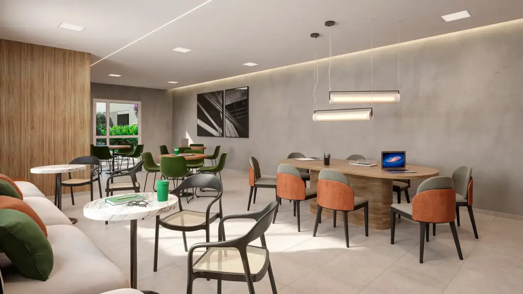 Brooklin Sky Home Tower, coworking com mesas de trabalho e área de estar