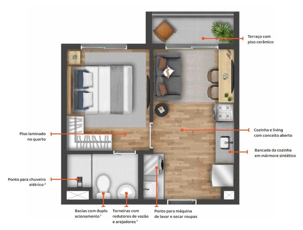 Planta 1 Quarto - 26m² - Apartamentos Minha Casa Minha Vida na Mooca - VIBRA Mooca