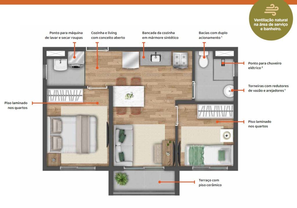 Planta 2 Quartos - 37m² - Apartamentos Minha Casa Minha Vida na Mooca - VIBRA Mooca