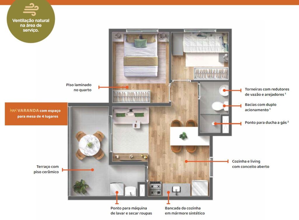 Planta 2 Quartos - 43m² - Apartamentos Minha Casa Minha Vida na Mooca - VIBRA Mooca