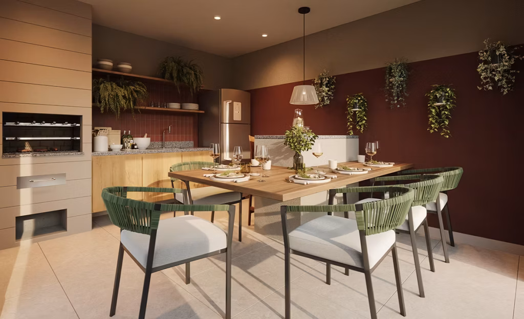 History Atlântica, espaço gourmet com mesa e cozinha de apoio