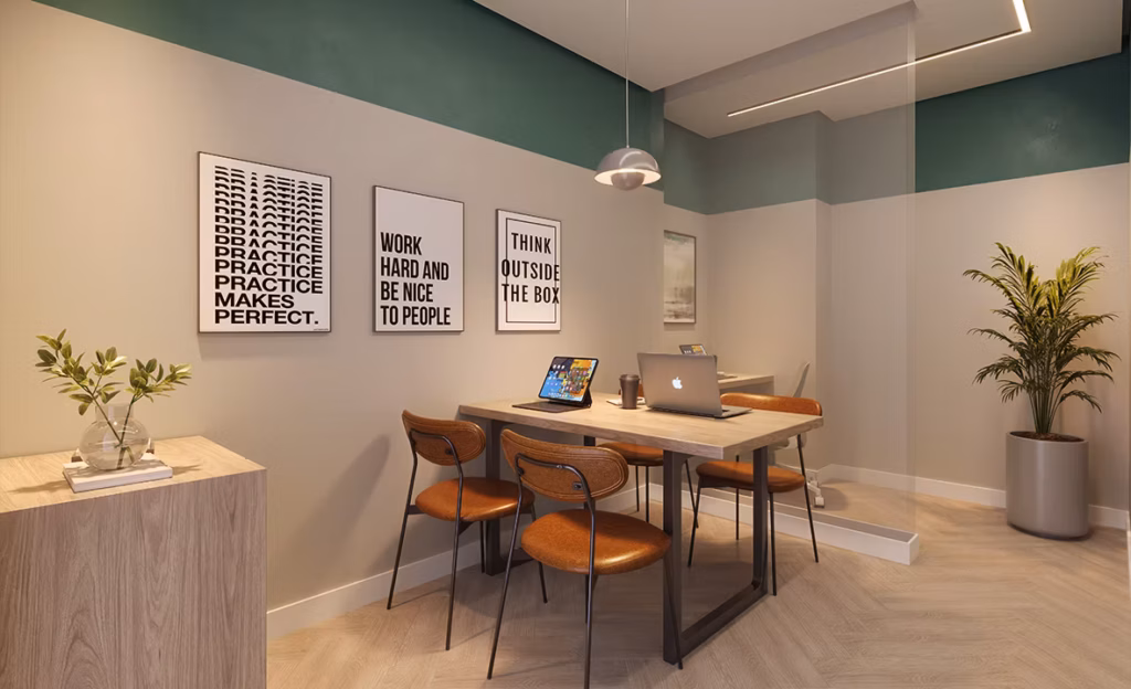 History Atlântica, coworking com mesa de trabalho e paisagismo