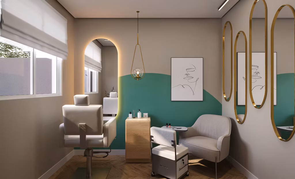 History Atlântica, espaço beauty com poltronas, espelhos e bancada