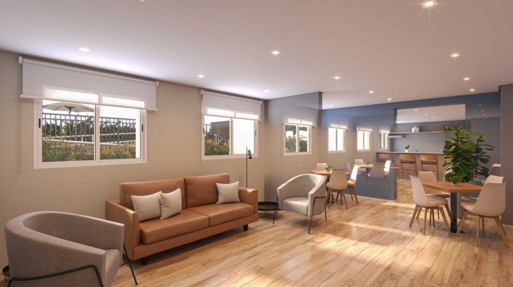 Vibra Rio Bonito, lounge de convívio com poltronas e mesas