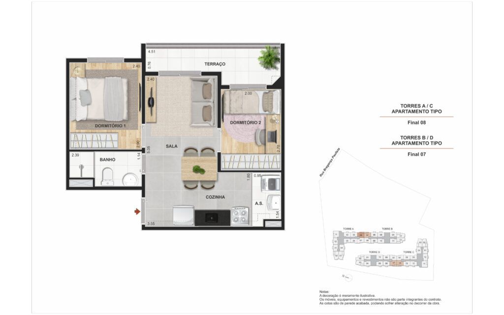 Vibra Rio Bonito, planta de 2 dormitórios com terraço, opção 1