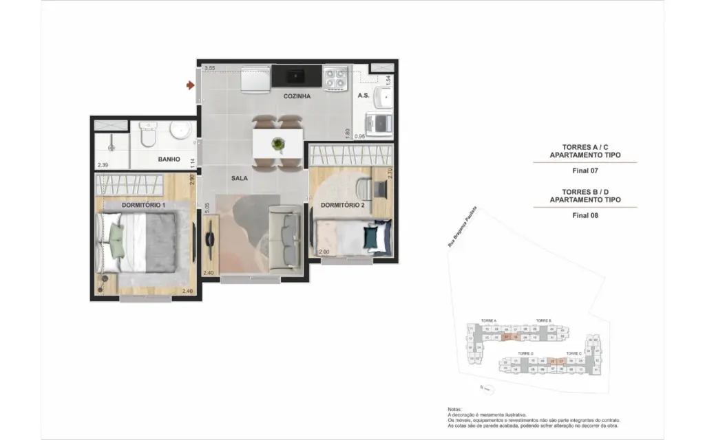 Vibra Rio Bonito, planta de 2 dormitórios com terraço, opção 6