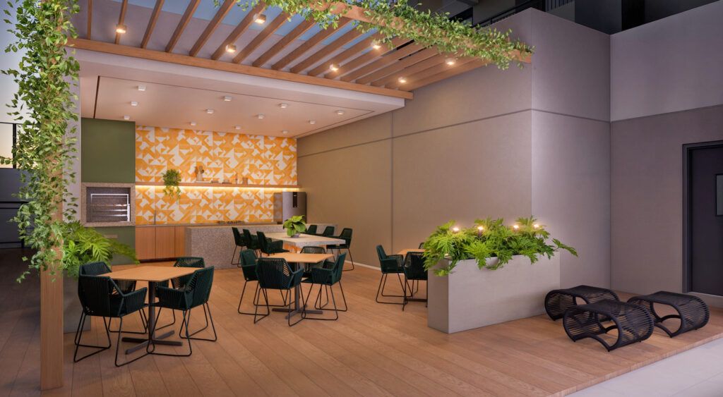 LYON Penha, espaço gourmet com pergolado e mesas