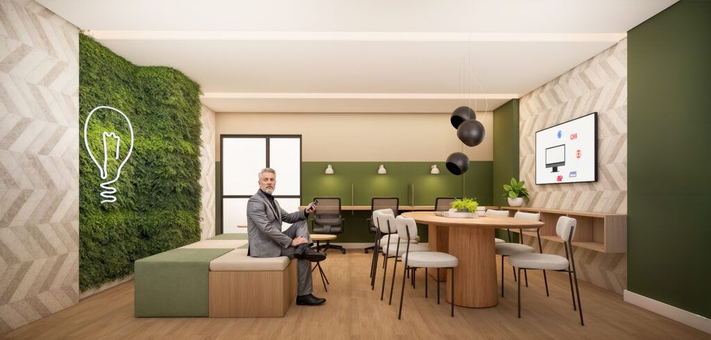 LYON Penha, coworking com jardim vertical e bancada de trabalho