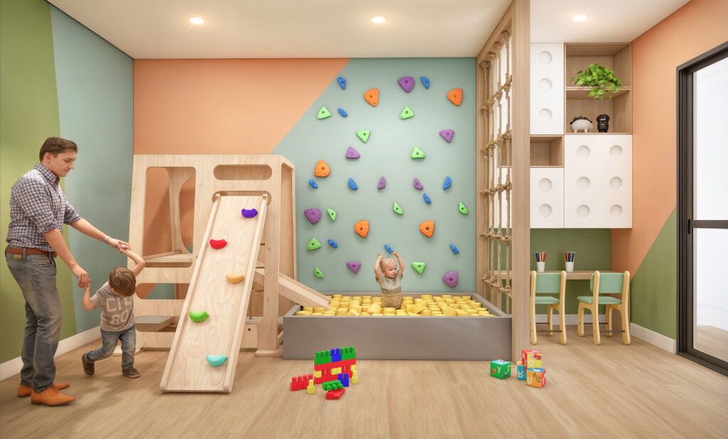 LYON Penha, brinquedoteca com parede de escalada e escorregador
