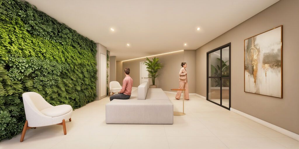 LYON Penha, lounge com jardim vertical e poltronas