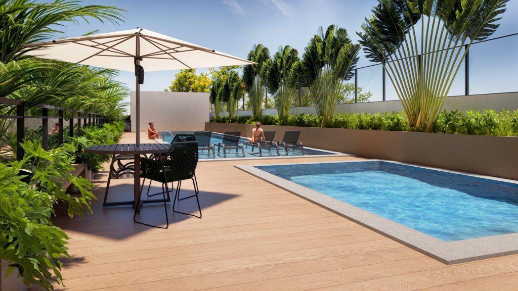 LYON Penha, piscina com deck, ombrelone e espreguiçadeiras
